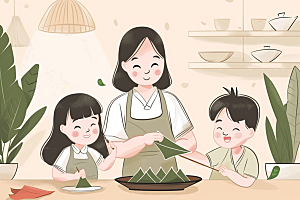 端午包粽子阖家团聚高清插画