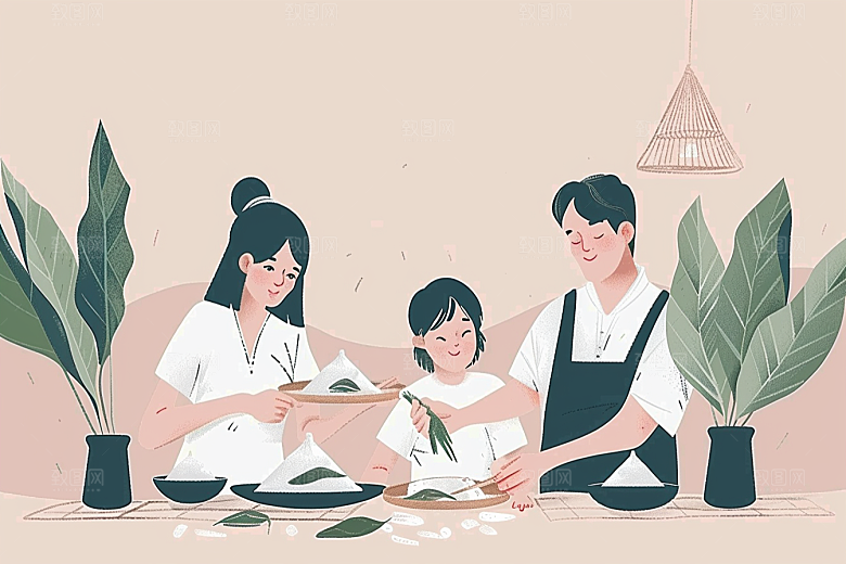 端午包粽子小吃粽叶插画