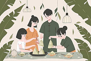 端午包粽子美食传统文化插画