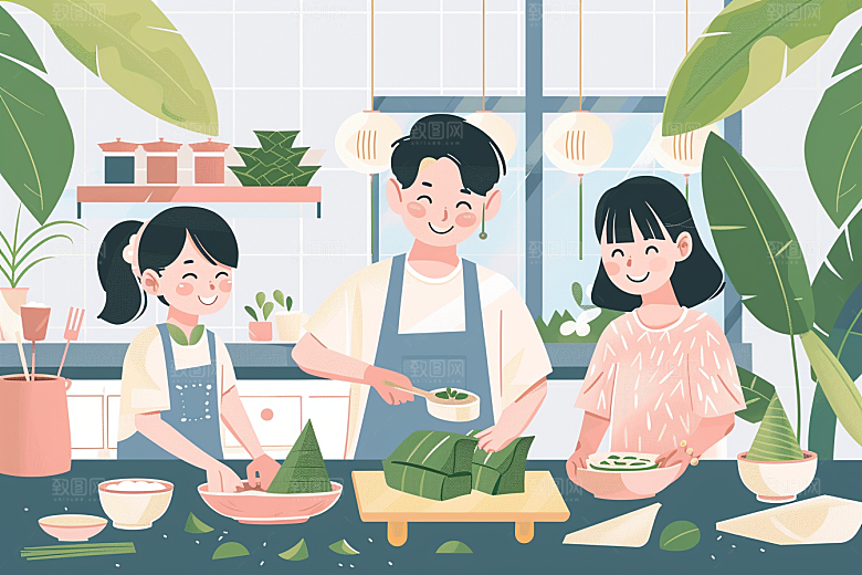 端午包粽子阖家团聚美味插画