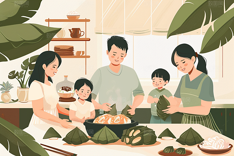 端午包粽子温馨粽叶插画