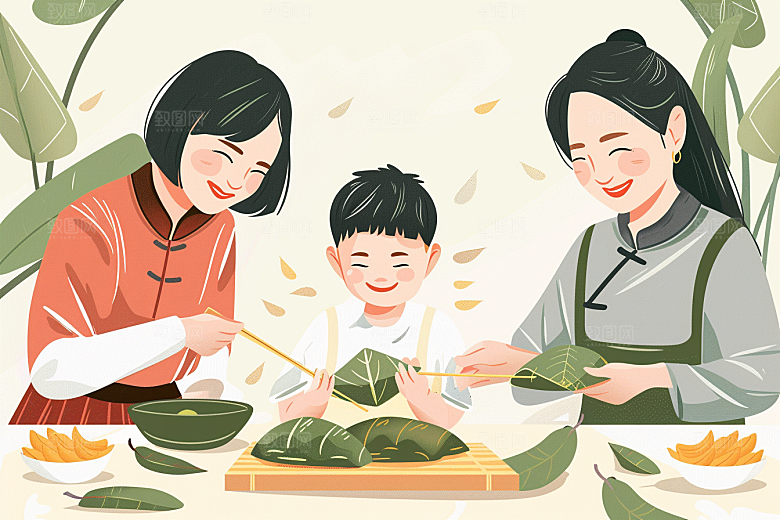 端午包粽子高清手绘插画