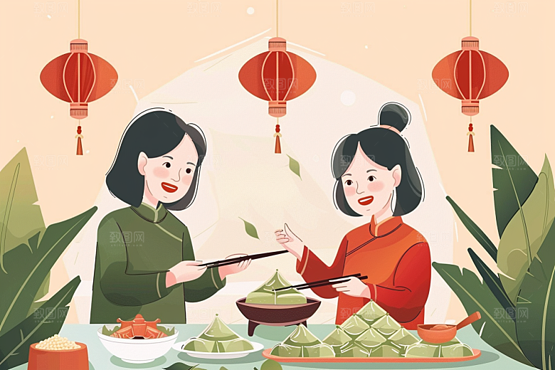 端午包粽子端午节小吃插画