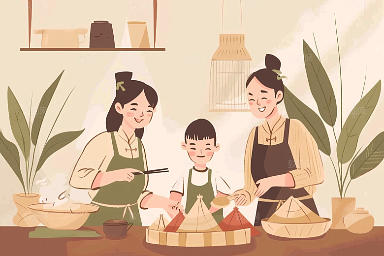 端午包粽子幸福手绘插画