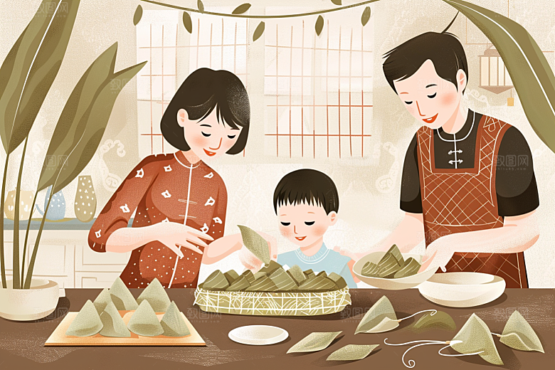 端午包粽子手绘小吃插画
