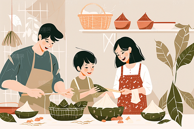 端午包粽子幸福美味插画