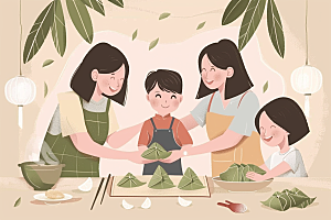 端午包粽子阖家团聚糯米插画