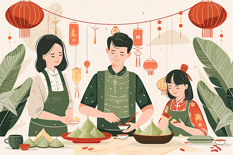 端午包粽子端午节温馨插画