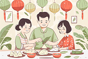 端午包粽子温馨端午节插画
