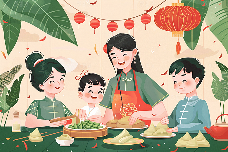 端午包粽子手绘温馨插画