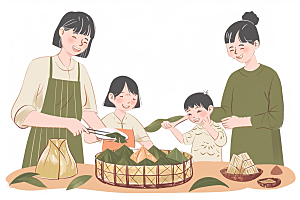 端午包粽子粽叶温馨插画