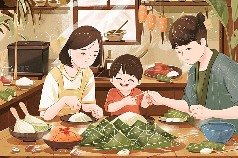 端午包粽子习俗温馨插画