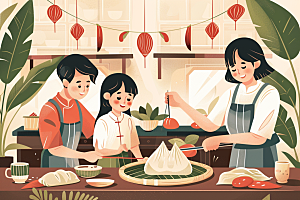 端午包粽子温馨节日插画