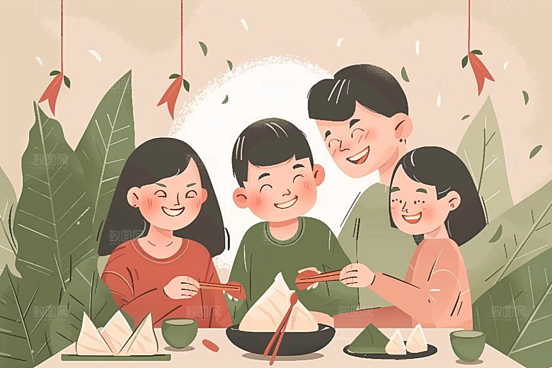端午包粽子美味温馨插画