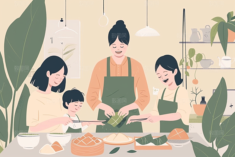 端午包粽子幸福节日氛围插画