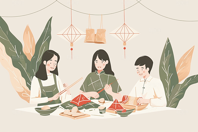 端午包粽子端午节阖家团聚插画
