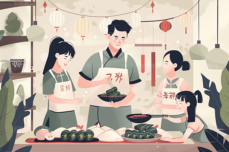 端午包粽子美味温馨插画