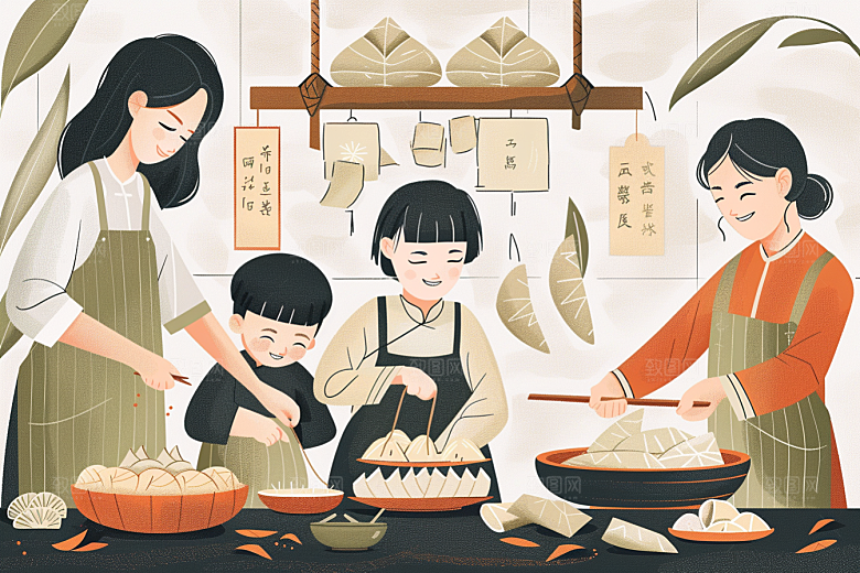 端午包粽子端午节传统文化插画