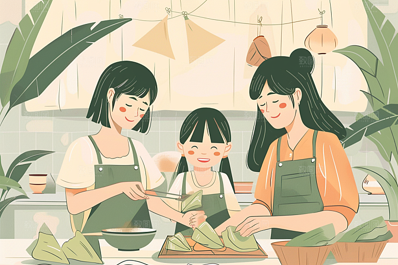 端午包粽子温馨美味插画