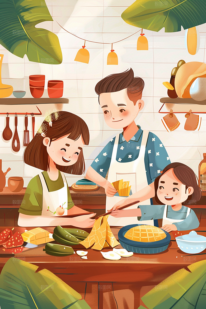 端午包粽子美味习俗插画