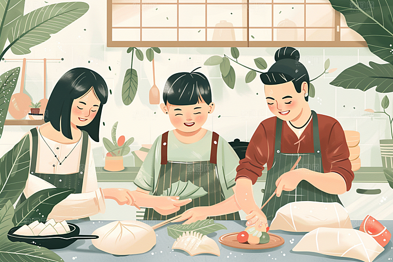 端午包粽子美味高清插画