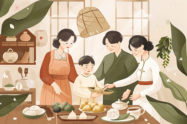 端午包粽子节日手绘插画
