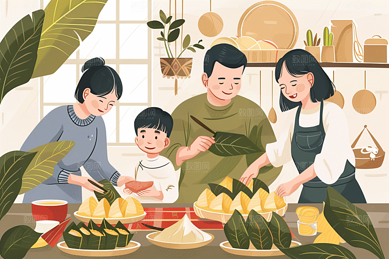 端午包粽子美食小吃插画