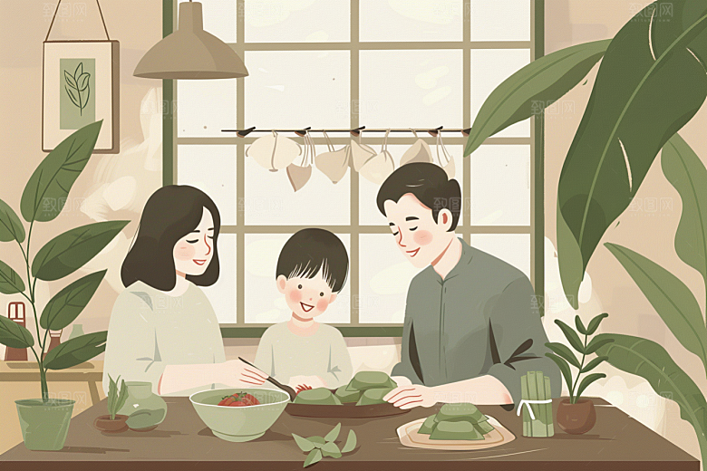 端午包粽子阖家团聚糯米插画