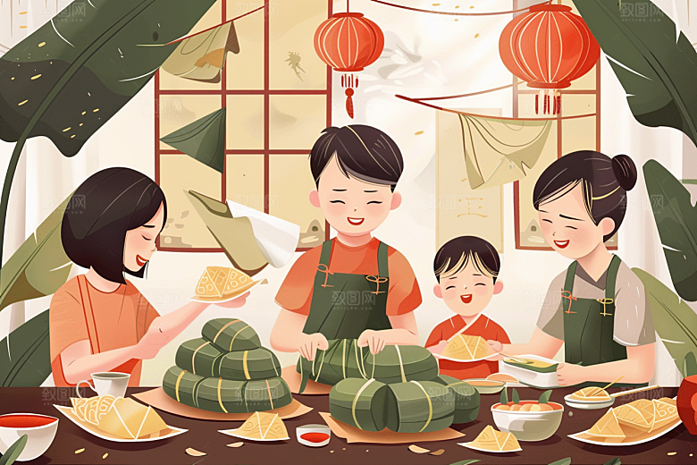 端午包粽子节日传统文化插画