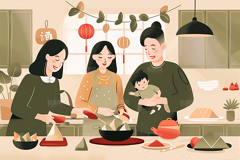 端午包粽子温馨美食插画