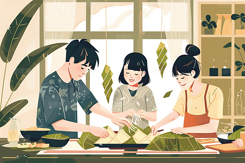 端午包粽子传统文化幸福插画