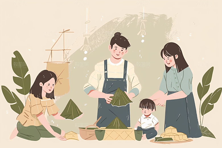 端午包粽子手绘阖家团聚插画