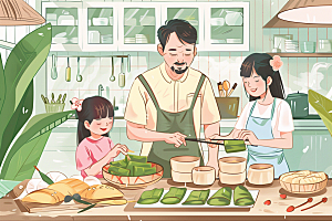 端午包粽子小吃温馨插画