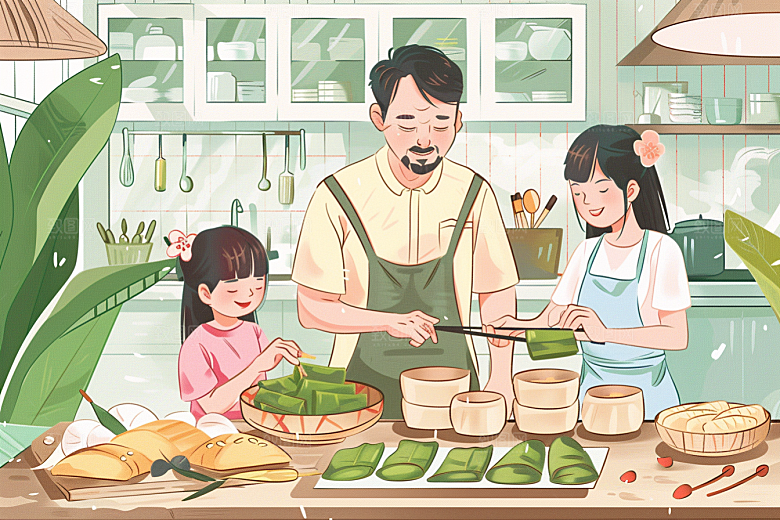 端午包粽子小吃温馨插画