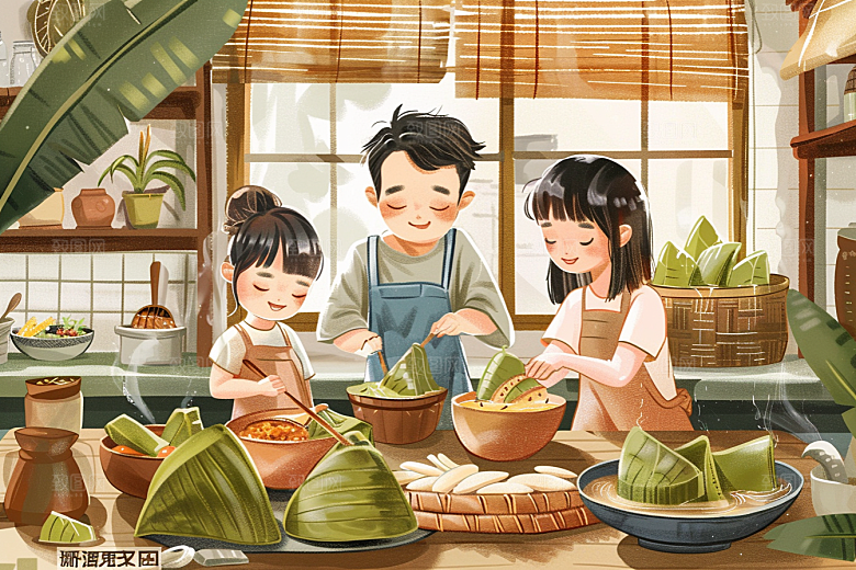端午包粽子节日小吃插画