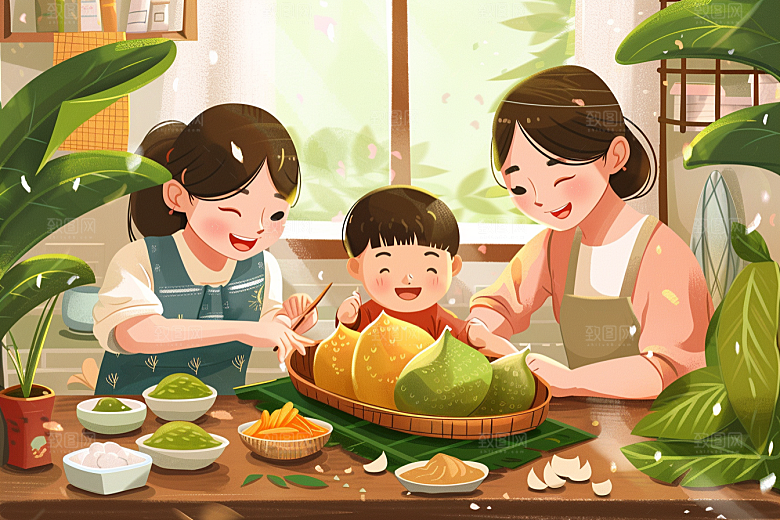 端午包粽子小吃手绘插画