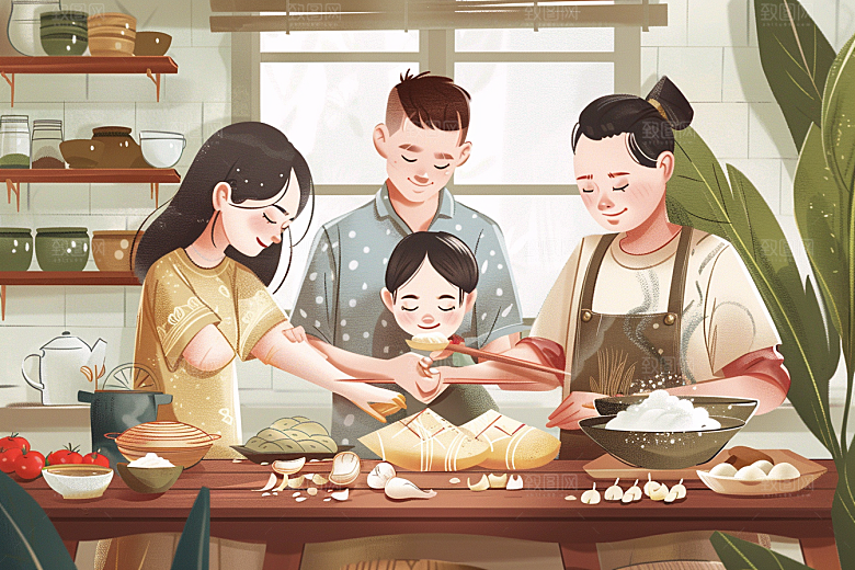 端午包粽子美味阖家团聚插画
