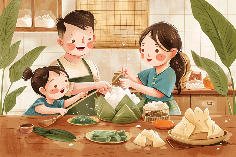 端午包粽子美食传统文化插画