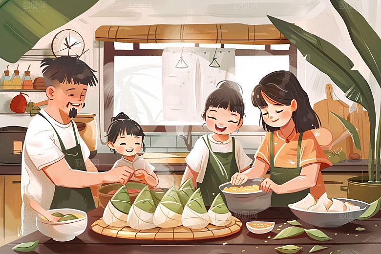 端午包粽子美食高清插画