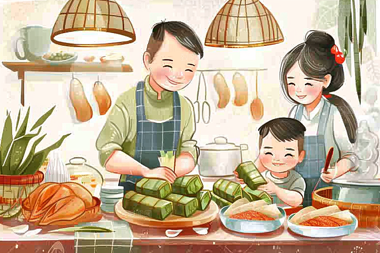 端午包粽子节日幸福插画