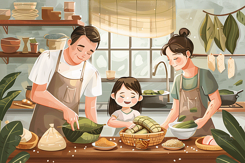 端午包粽子糯米美味插画
