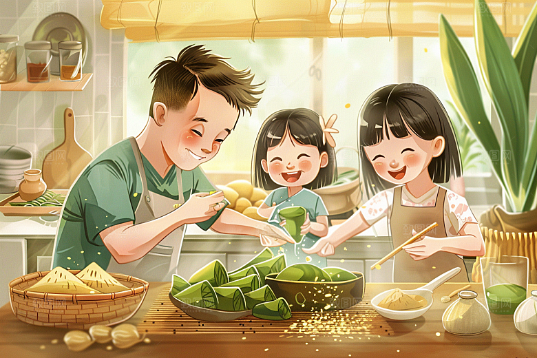 端午包粽子习俗阖家团聚插画