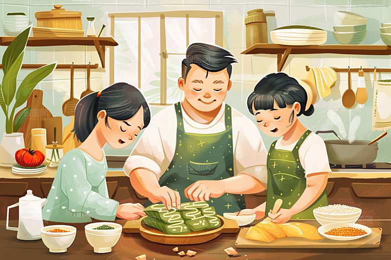 端午包粽子手绘美食插画
