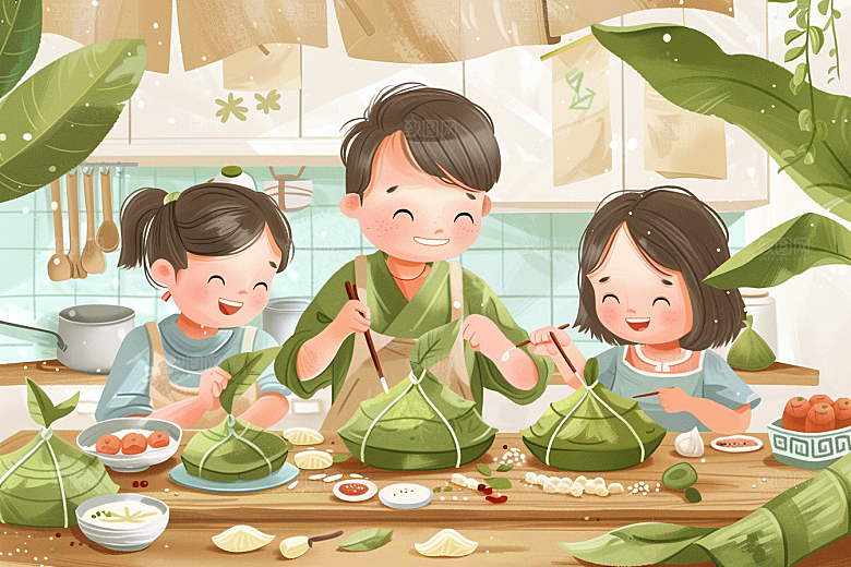 端午包粽子粽叶端午节插画