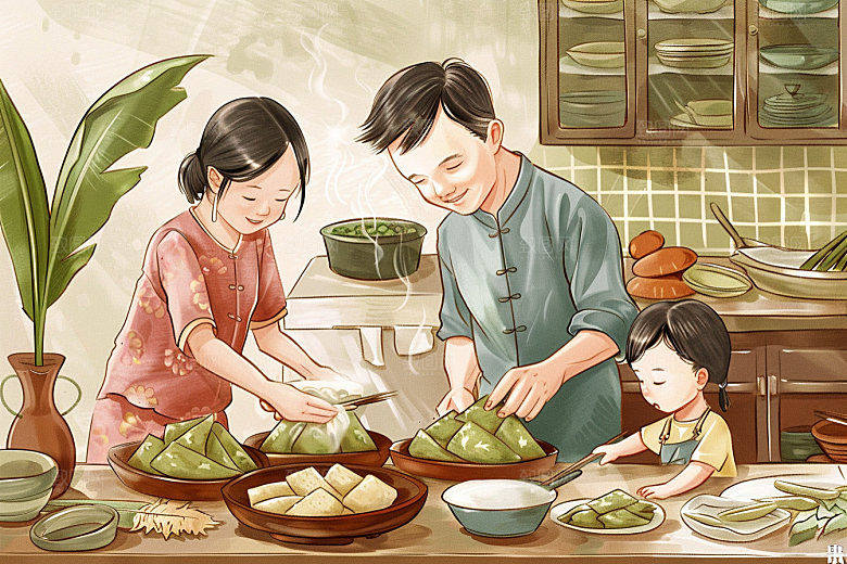 端午包粽子传统文化温馨插画