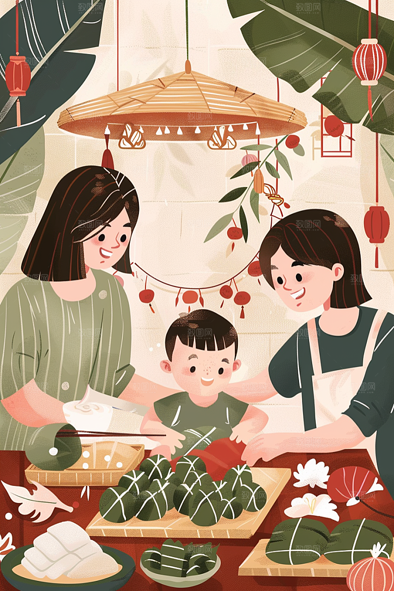 端午包粽子幸福手绘插画