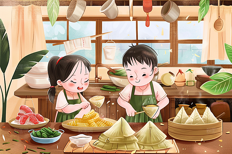 端午包粽子阖家团聚手绘插画