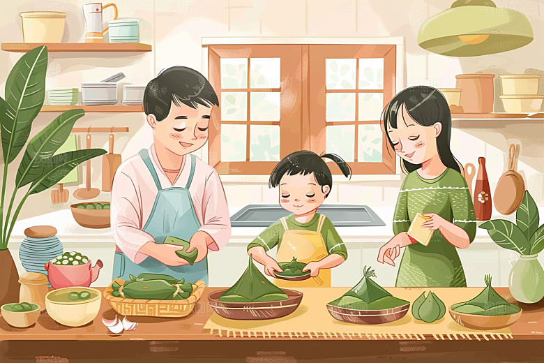 端午包粽子阖家团聚节日氛围插画