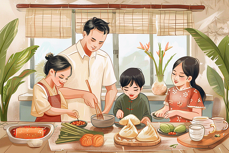 端午包粽子节日氛围阖家团聚插画