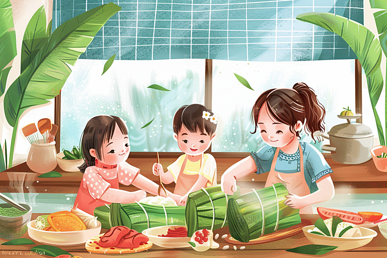端午包粽子手绘传统文化插画